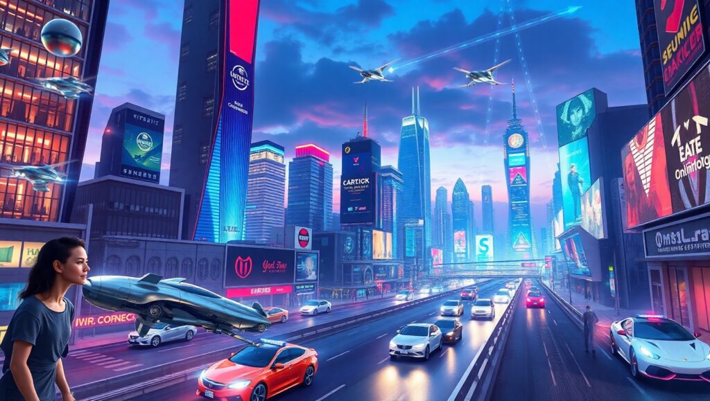 Futuristic City with Flying Robots – free AI stock image