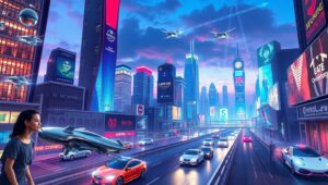 Futuristic City with Flying Robots – free AI stock image
