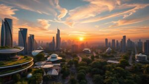 Futuristic Cityscape Amid Natural Greens – free AI stock image