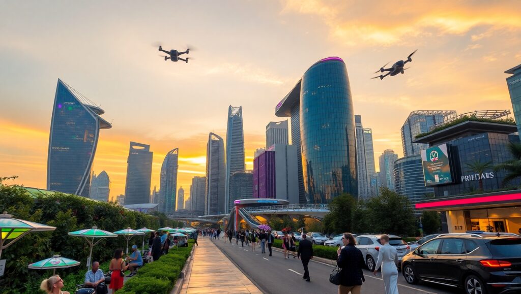 Futuristic Cityscape at Dusk 2DS – free AI stock image