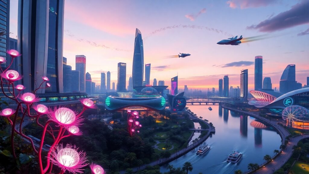 Futuristic Cityscape at Dusk cT6 – free AI stock image