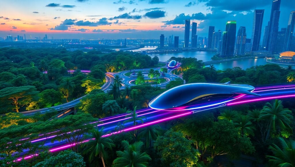 Futuristic Cityscape at Dusk Vwb – free AI stock image