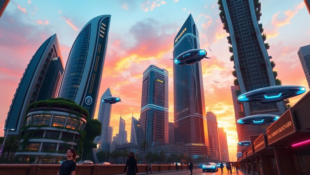 Futuristic Cityscape at Dusk – free AI stock image