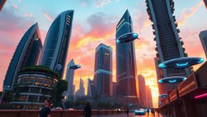 Futuristic Cityscape at Dusk – free AI stock image