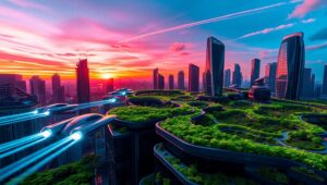 Futuristic Cityscape at Sunset – free AI stock image