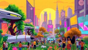 Futuristic Cityscape at Sunset ihQ – free AI stock image