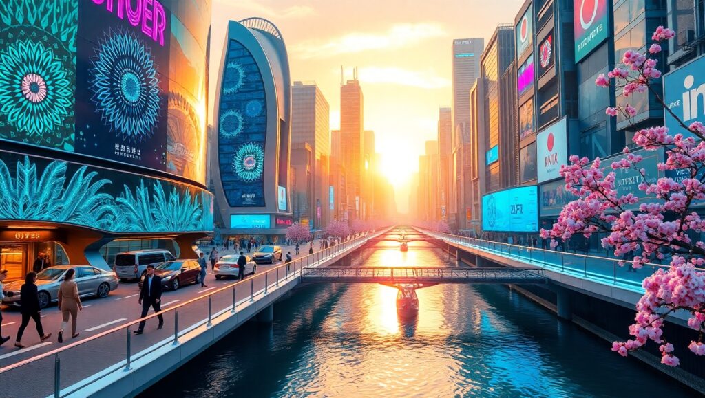 Futuristic Cityscape at Sunset kvq – free AI stock image