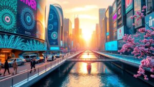 Futuristic Cityscape at Sunset kvq – free AI stock image