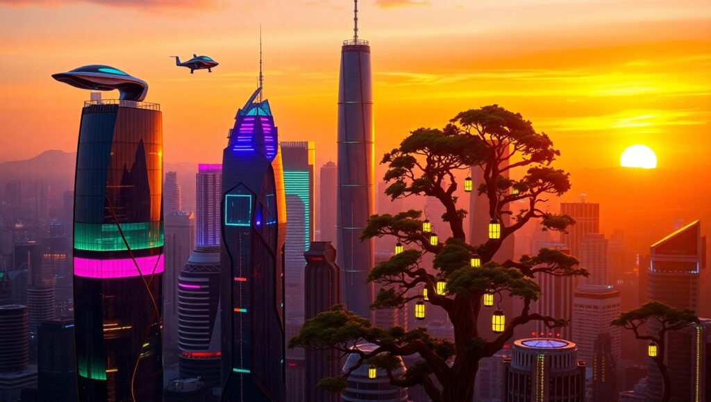 Futuristic Cityscape at Sunset mF0 – free AI stock image