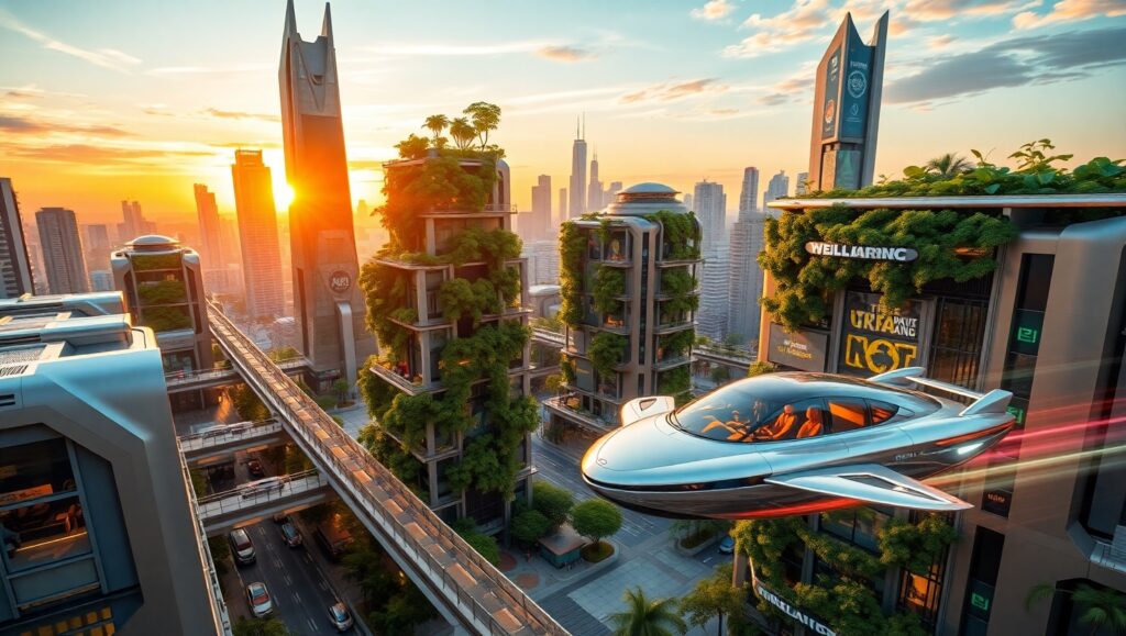 Futuristic Cityscape at Sunset rnk – free AI stock image