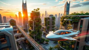 Futuristic Cityscape at Sunset rnk – free AI stock image