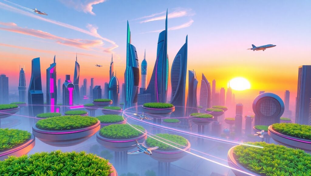 Futuristic Cityscape at Sunset TVS – free AI stock image