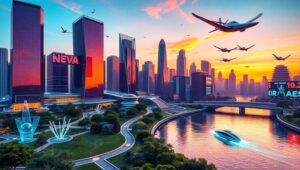 Futuristic Cityscape at Sunset Vcs – free AI stock image