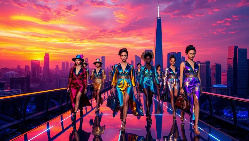 Futuristic Cityscape Fashion Runway – free AI stock image