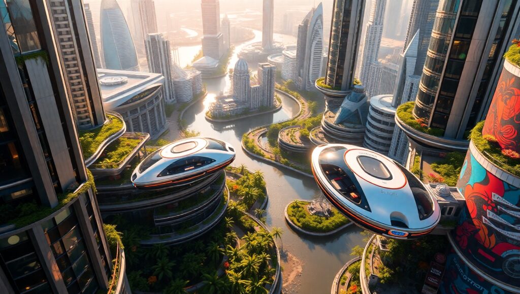 Futuristic Cityscape from Above – free AI stock image