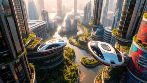 Futuristic Cityscape from Above – free AI stock image