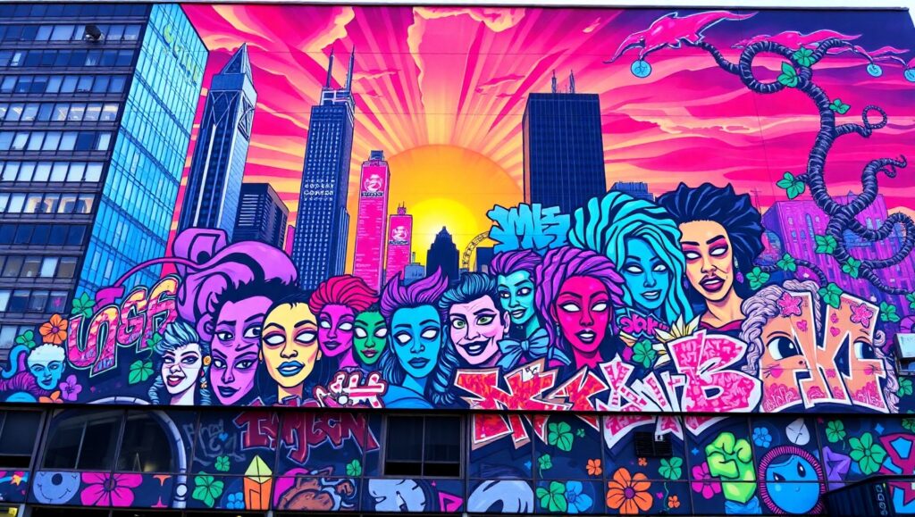 Futuristic Cityscape Graffiti Mural – free AI stock image