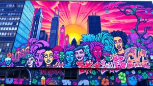 Futuristic Cityscape Graffiti Mural – free AI stock image