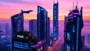 Futuristic Cityscape in Duotone 0oM – free AI stock image
