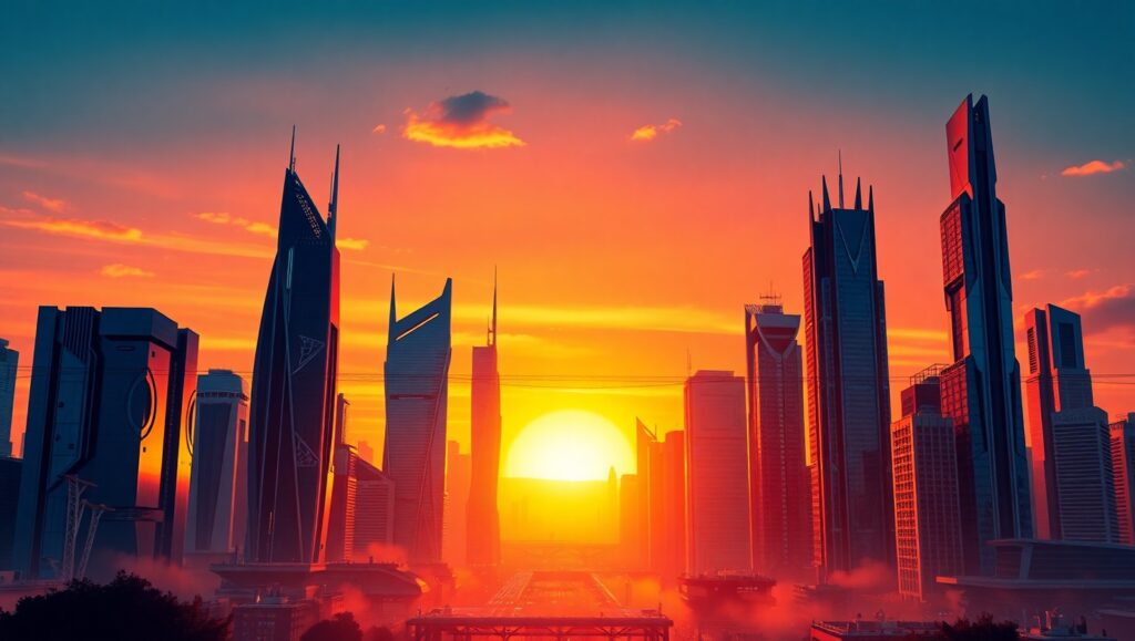 Futuristic Cityscape in Duotone V9w – free AI stock image