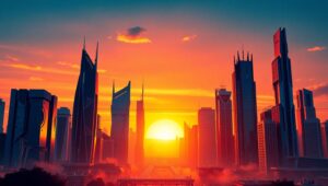 Futuristic Cityscape in Duotone V9w – free AI stock image