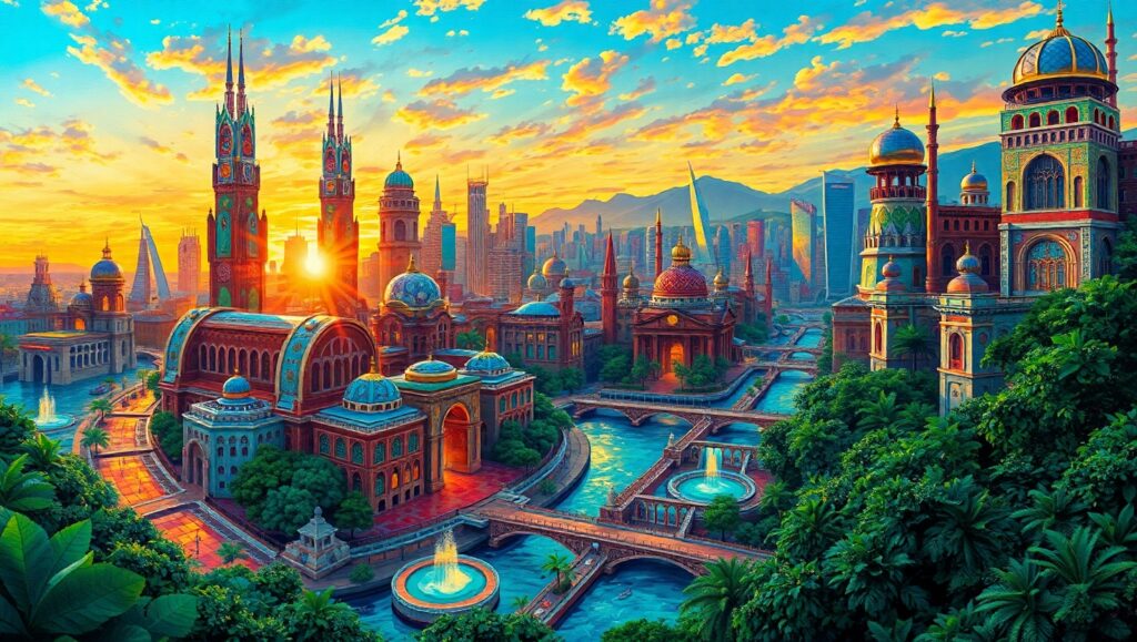 Futuristic Cityscape in Mosaic Style – free AI stock image