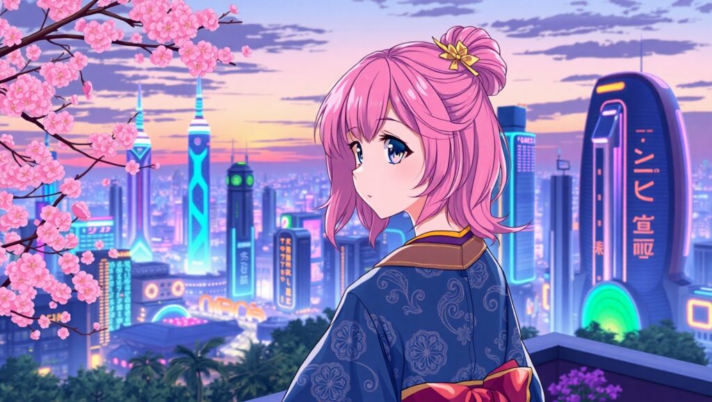 Futuristic Cityscape with Cherry Blossoms – free AI stock image