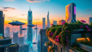 Futuristic Cityscape with Floating Gardens – free AI stock image
