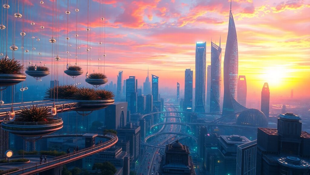 Futuristic Cityscape with Floating Gardens Jyp – free AI stock image