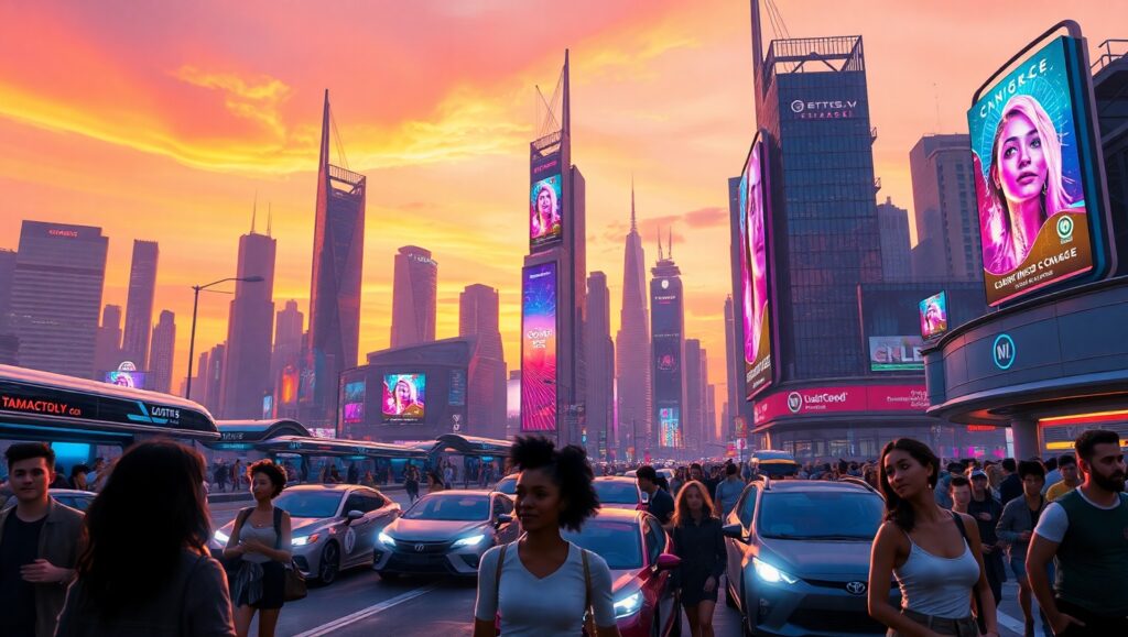 Futuristic Cityscape with Holograms – free AI stock image