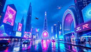 Futuristic Cityscape with Holographic Design – free AI stock image