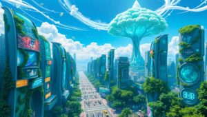 Futuristic Cityscape with Nature Integration – free AI stock image
