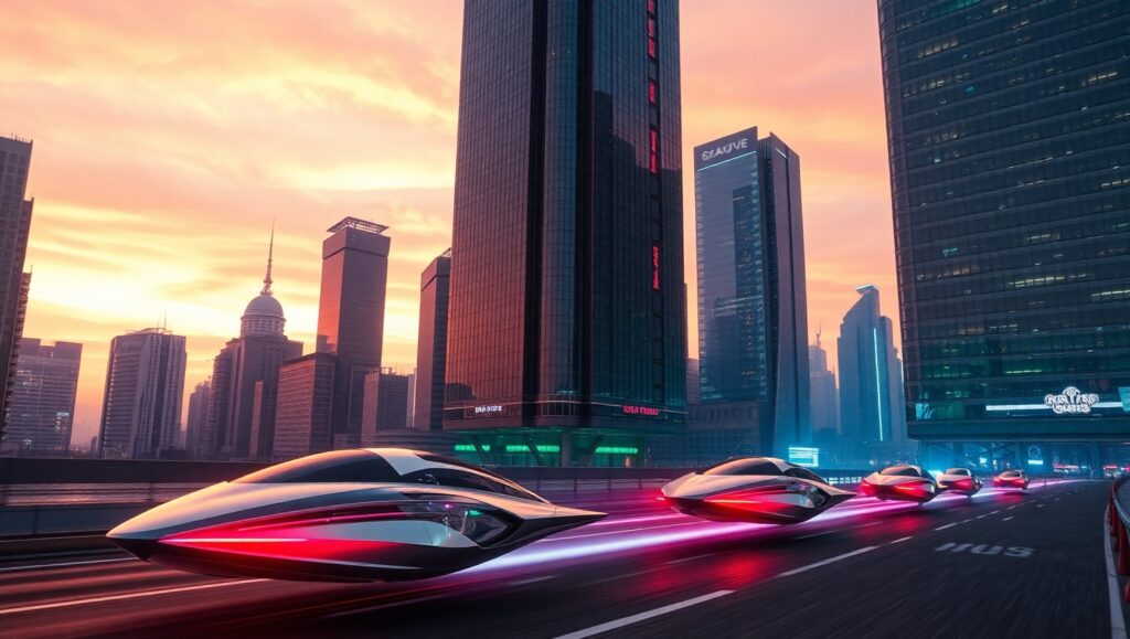 Futuristic Cityscape with Neon Lights – free AI stock image