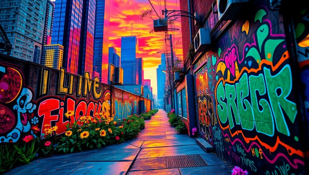 Futuristic Cityscapes in Graffiti – free AI stock image