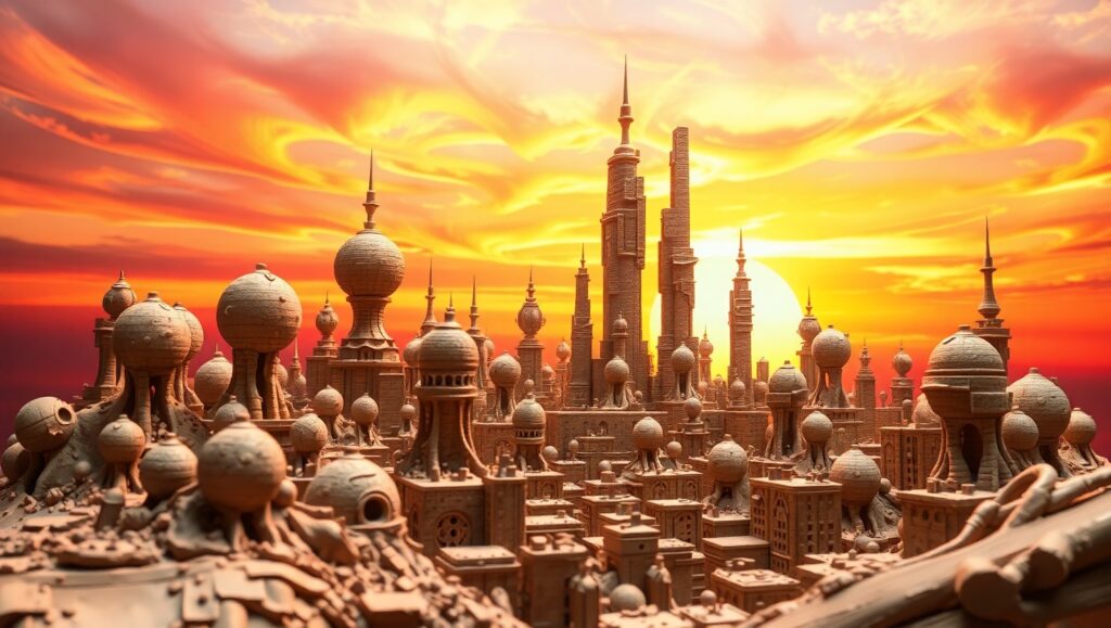 Futuristic Clay City Under Sunset – free AI stock image