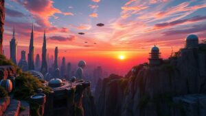 Futuristic Cliffside Cityscape at Sunset – free AI stock image