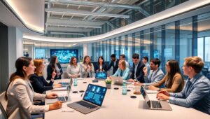 Futuristic Corporate Collaboration Space – free AI stock image