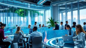 Futuristic Corporate Office Collaboration – free AI stock image