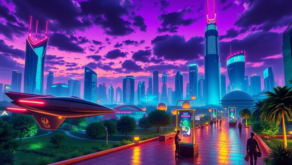 Futuristic Duotone City Skyline – free AI stock image