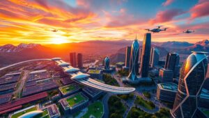 Futuristic Eco-City at Sunset 2Qn – free AI stock image