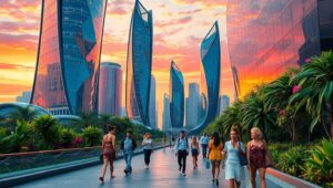 Futuristic Eco-City at Sunset myk – free AI stock image