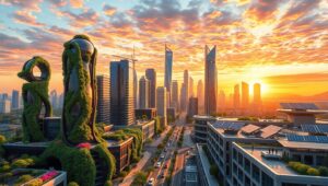 Futuristic Eco-City Skyline Design – free AI stock image