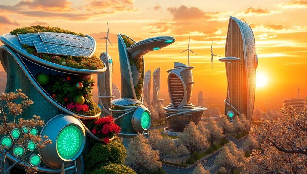 Futuristic Eco Cityscape at Sunset – free AI stock image