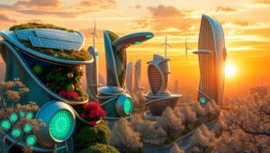 Futuristic Eco Cityscape at Sunset – free AI stock image