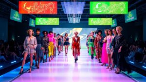 Futuristic Eco Fashion Runway Scene – free AI stock image