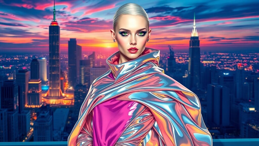 Futuristic Fashion on City Skyline – free AI stock image
