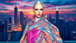 Futuristic Fashion on City Skyline – free AI stock image
