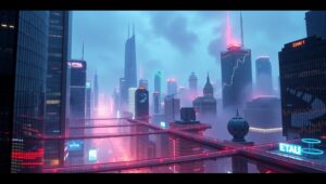 Futuristic Finance Cityscape – free AI stock image