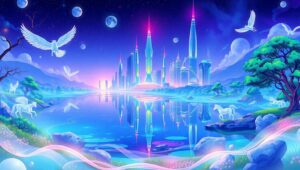 Futuristic Floating City Above Water – free AI stock image