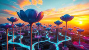 Futuristic Floral Cityscape at Sunset – free AI stock image